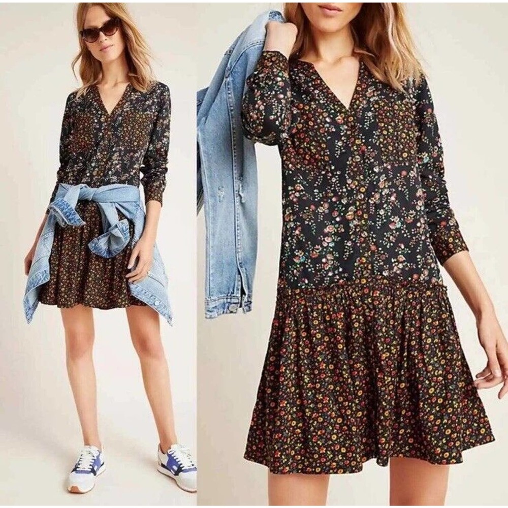 Anthropologie Black Floral V-Neck Long Sleeve Dress